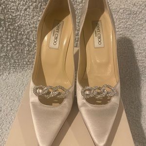 Jimmy Choo silver satin crystal chain pumps. Size 38.5  Worn ONCE. Box & db